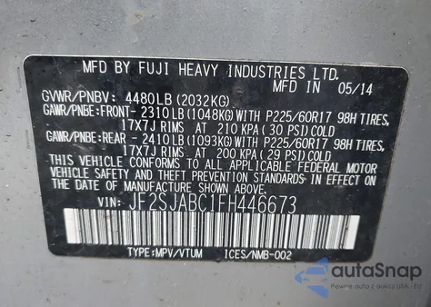 2015 Subaru Forester 2.5I z USA, uszkodzony, nr VIN JF2SJABC1FH446673